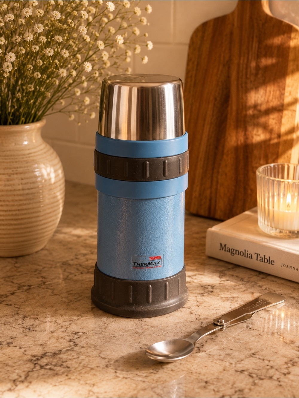 Thermos Thermax Vacuum Insulated Food Jar w Cup & Spoon Blue Vintage Style